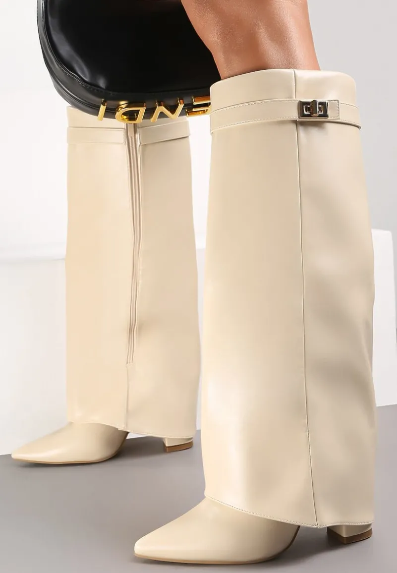 Beżowe Kozaki z Szeroką Cholewką i Szpiczastym Noskiem Sumehra