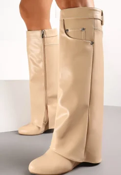 Beżowe Kozaki z Wywiniętą Cholewką na Koturnie Maranele