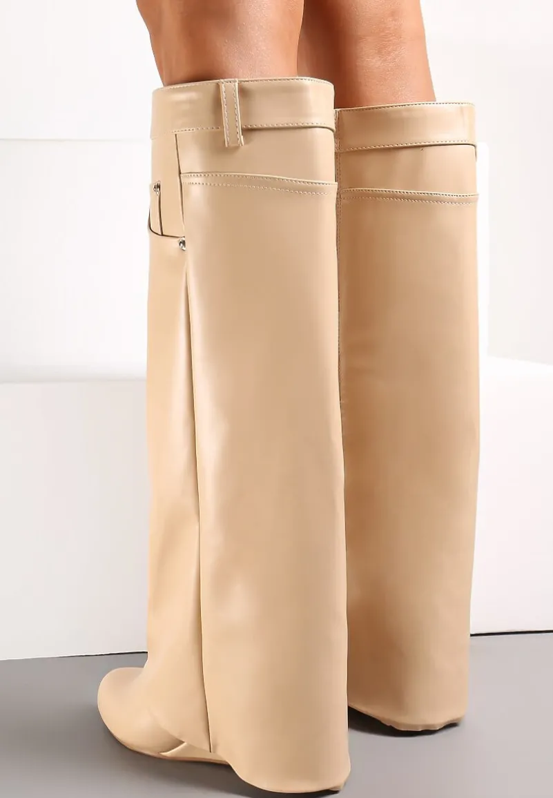 Beżowe Kozaki z Wywiniętą Cholewką na Koturnie Maranele