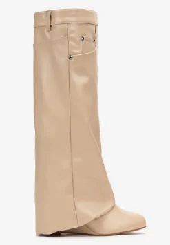 Beżowe Kozaki z Wywiniętą Cholewką na Koturnie Maranele