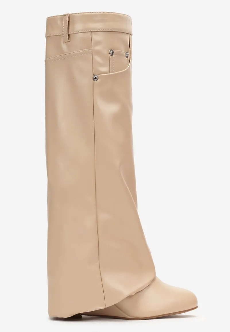 Beżowe Kozaki z Wywiniętą Cholewką na Koturnie Maranele