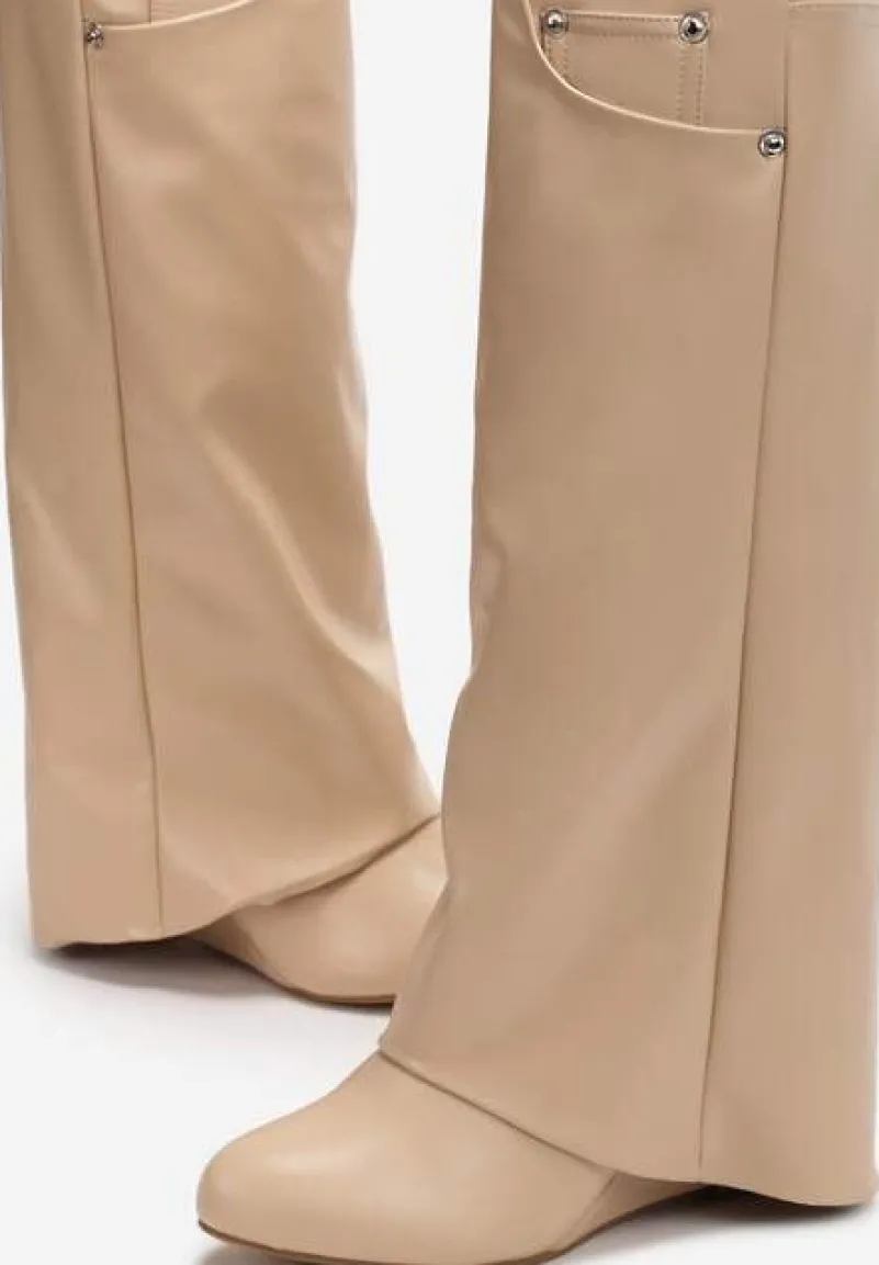 Beżowe Kozaki z Wywiniętą Cholewką na Koturnie Maranele