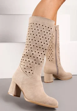 Beżowe Kozaki ze Skórzaną Wkładką z Ażurowymi Wycięciami Wavelin