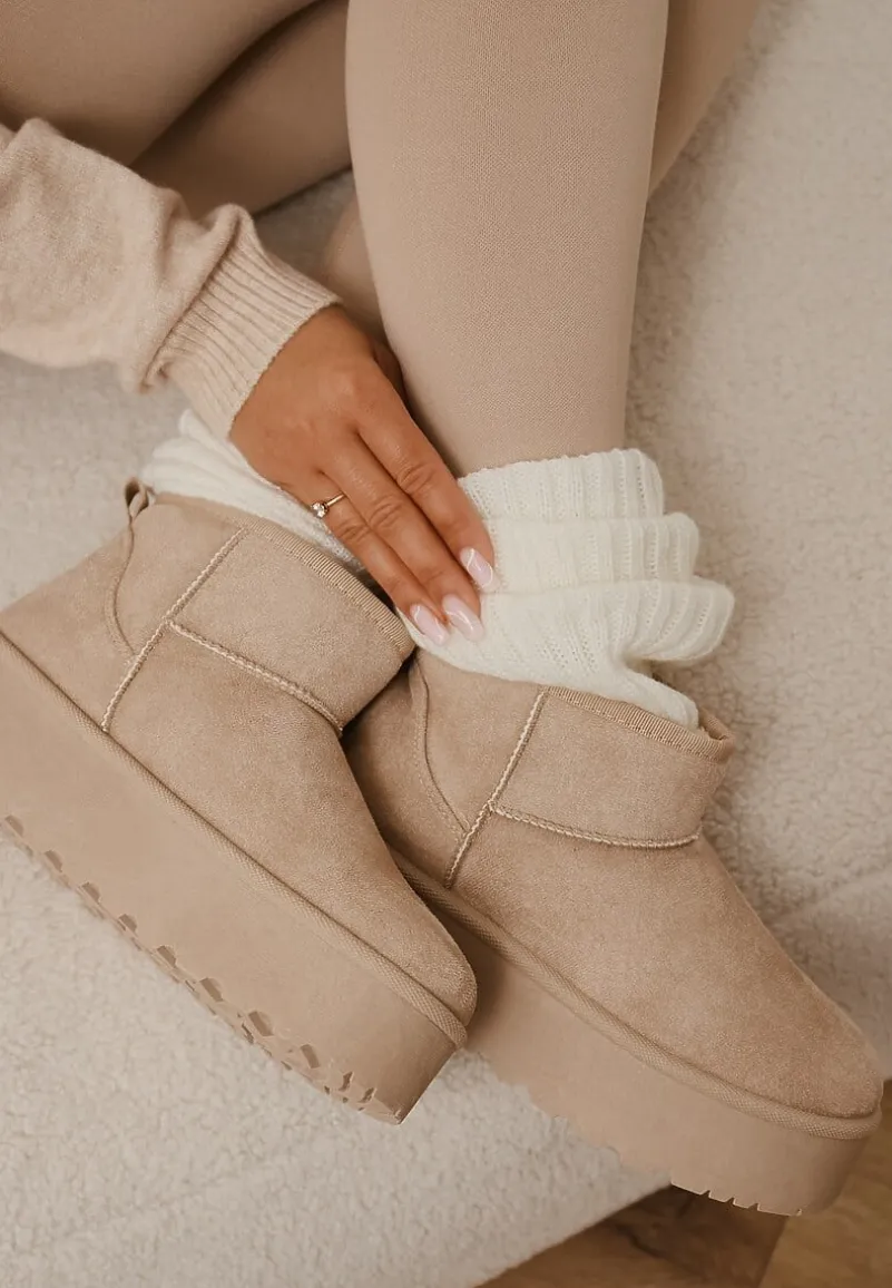 Beżowe Krótkie Śniegowce na Platformie Elenith