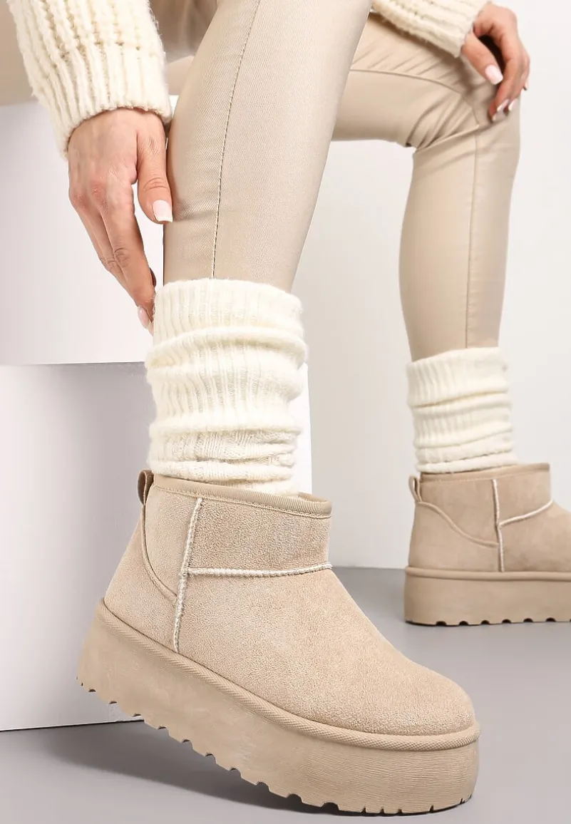 Beżowe Krótkie Śniegowce na Platformie Elenith