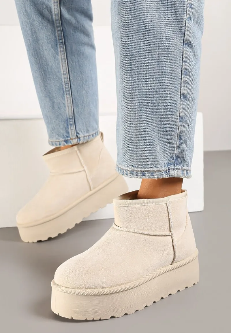Beżowe Krótkie Śniegowce na Grubej Podeszwie Aranwen
