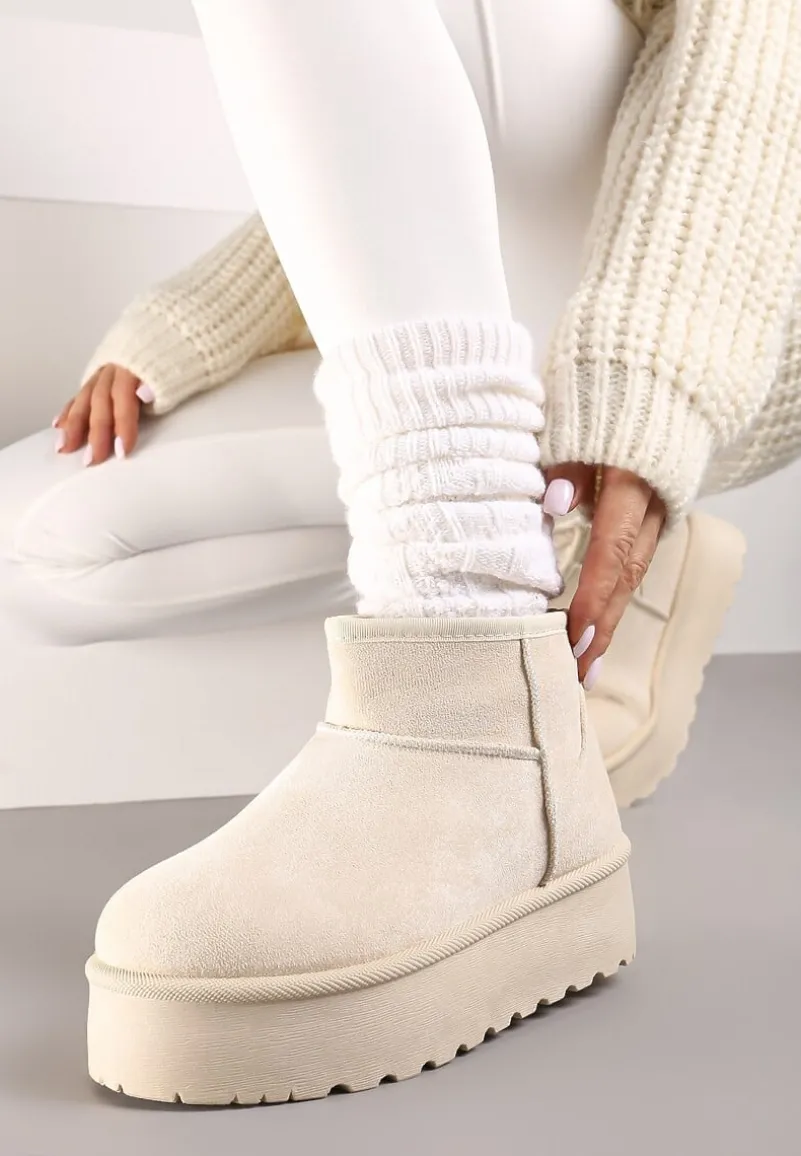 Beżowe Krótkie Śniegowce na Grubej Podeszwie Aranwen