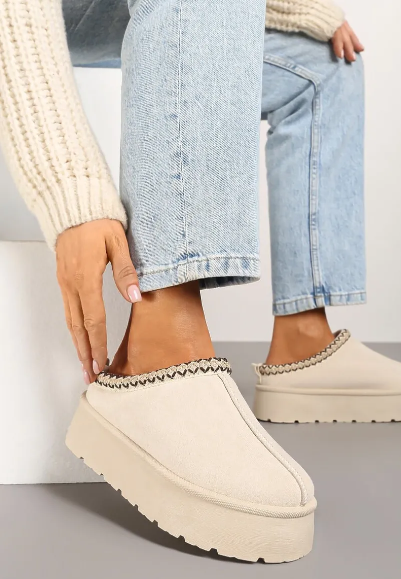 Beżowe Krótkie Śniegowce na Platformie Emalith