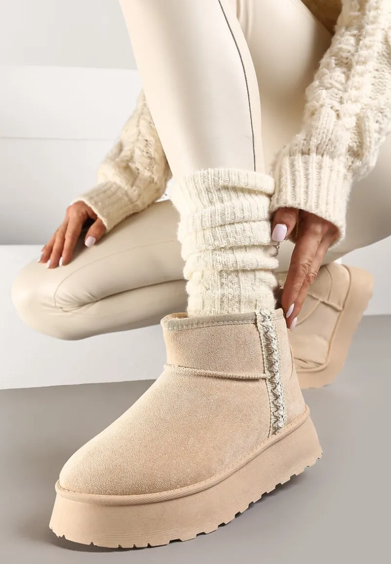 Beżowe Krótkie Śniegowce na Platformie z Ozdobną Tasiemką Motavia