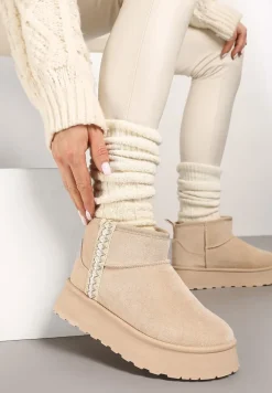 Beżowe Krótkie Śniegowce na Platformie z Ozdobną Tasiemką Motavia