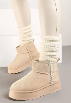 Beżowe Krótkie Śniegowce na Platformie z Ozdobną Tasiemką Motavia