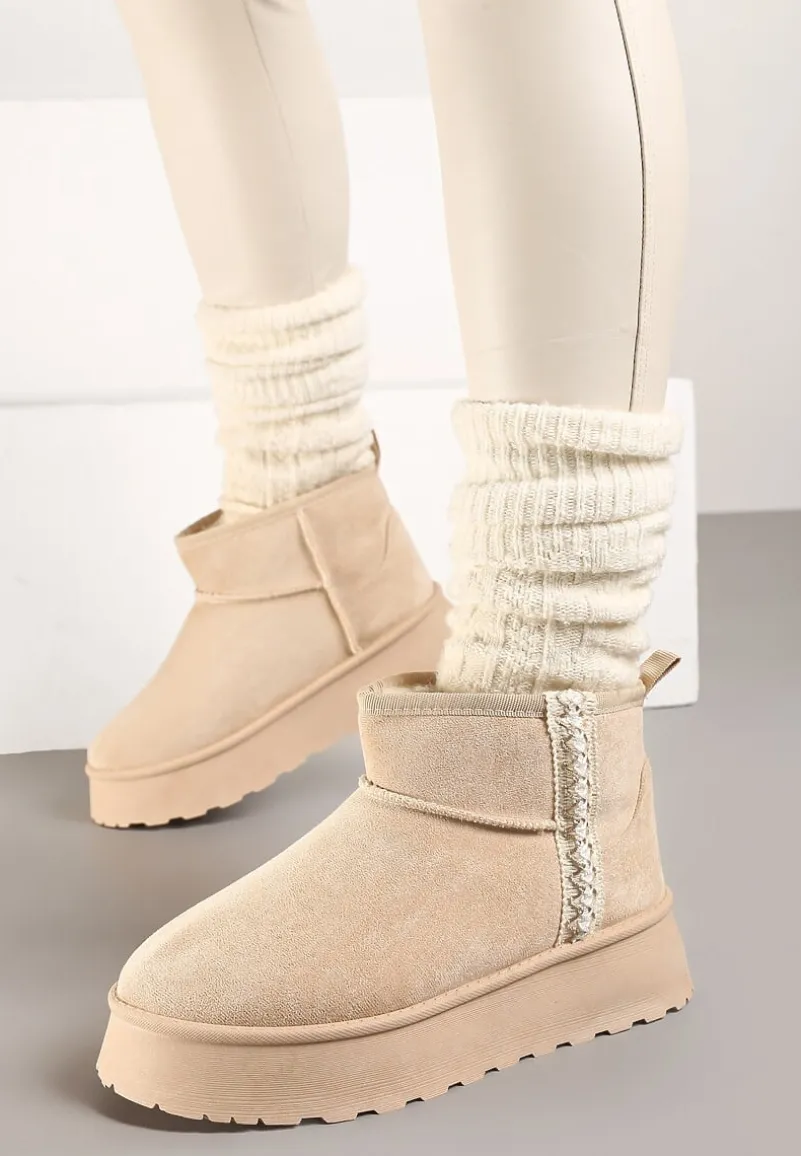 Beżowe Krótkie Śniegowce na Platformie z Ozdobną Tasiemką Motavia