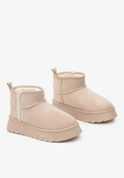 Beżowe Krótkie Śniegowce na Platformie z Ozdobną Tasiemką Motavia