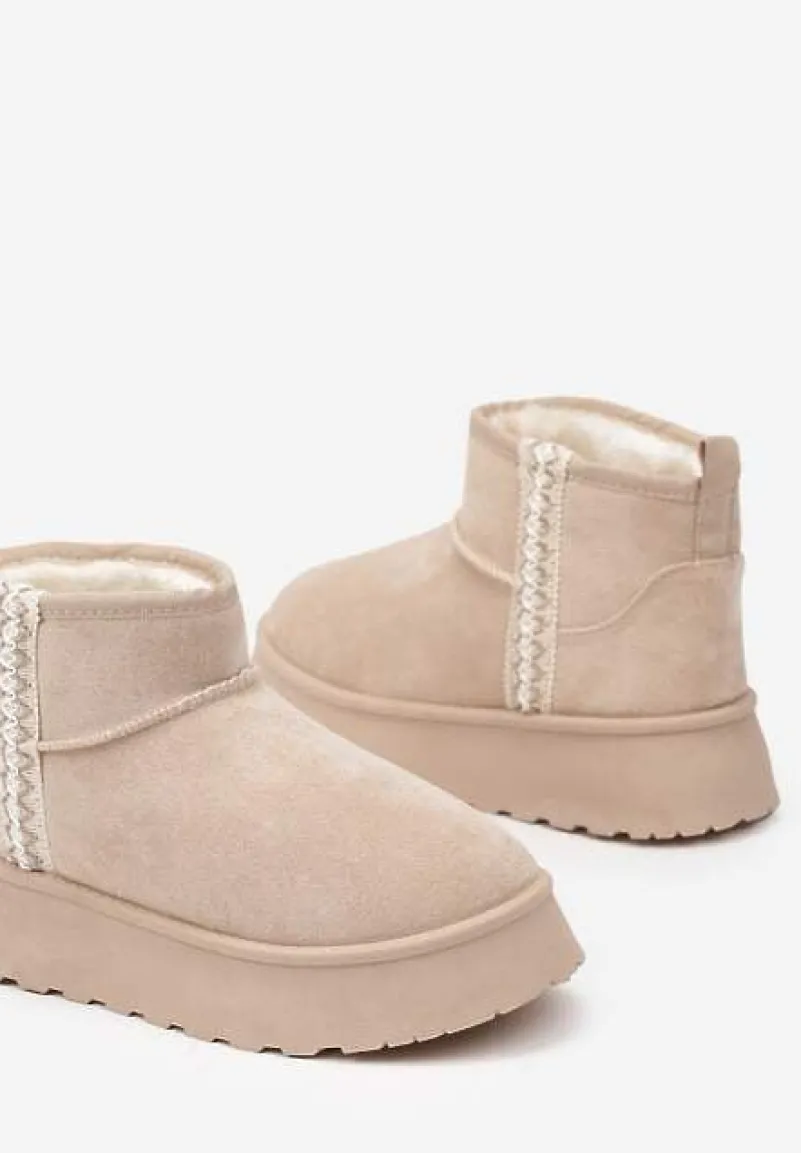 Beżowe Krótkie Śniegowce na Platformie z Ozdobną Tasiemką Motavia