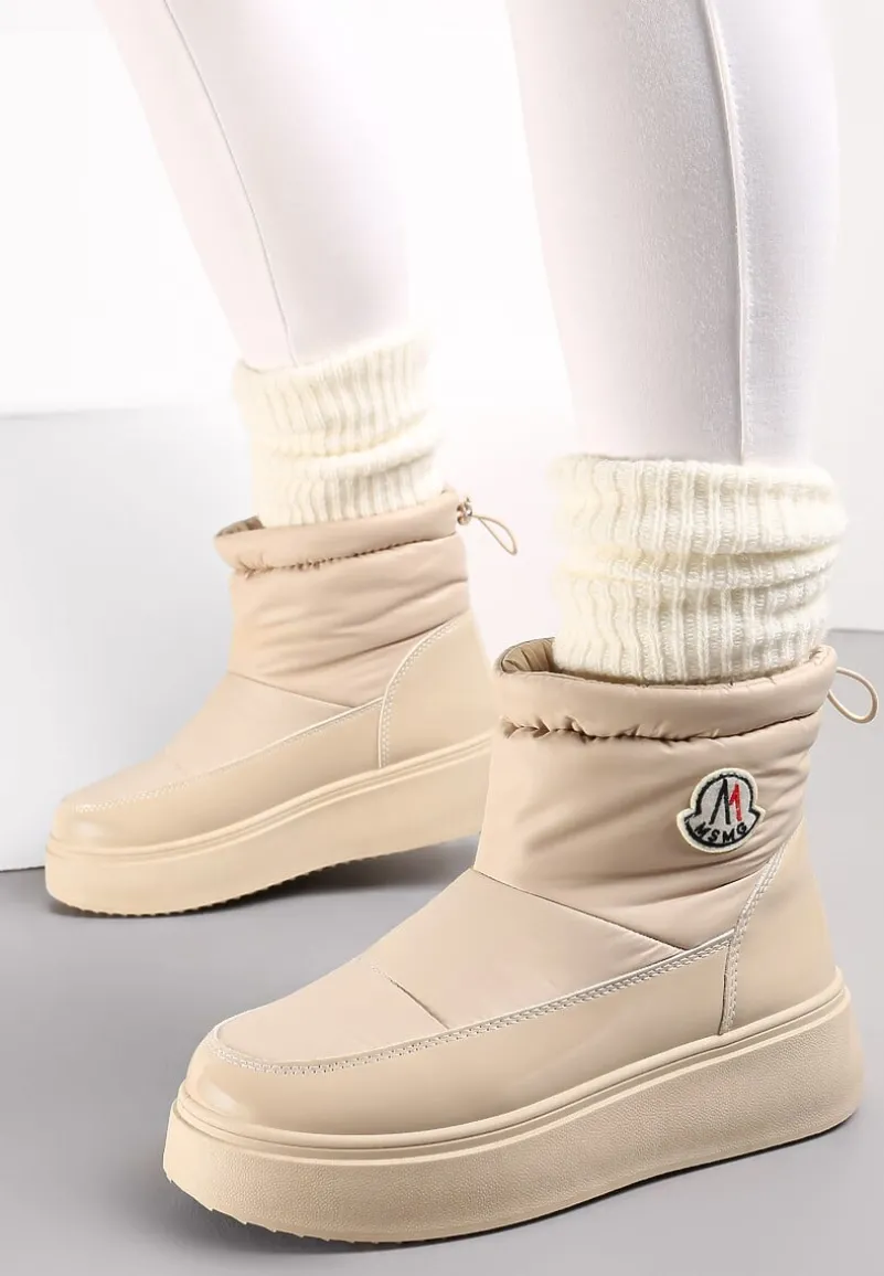 Beżowe Krótkie Śniegowce na Grubej Podeszwie ze Ściągaczem Mitta