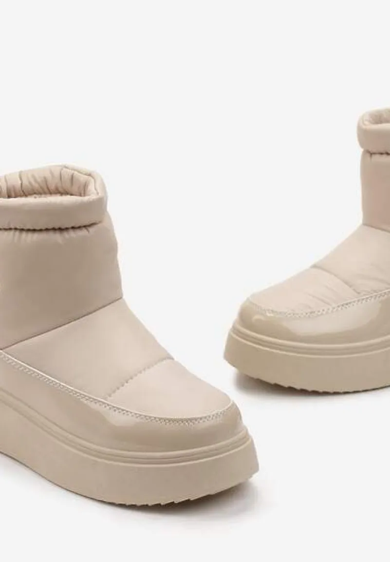Beżowe Krótkie Śniegowce na Grubej Podeszwie ze Ściągaczem Mitta