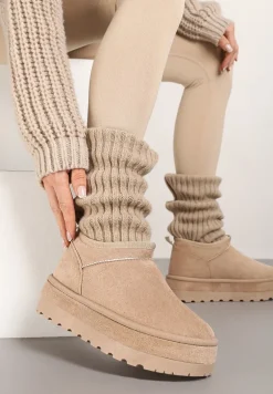 Beżowe Krótkie Śniegowce Vices z Ozdobną Lamówką Olfedi