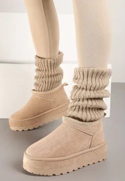 Beżowe Krótkie Śniegowce Vices z Ozdobną Lamówką Olfedi