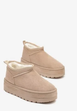 Beżowe Krótkie Śniegowce Vices z Ozdobną Lamówką Olfedi