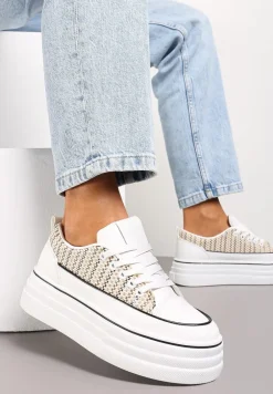 Beżowe Krótkie Trampki na Wysokiej Platformie z Tweedową Wstawką Grogamia