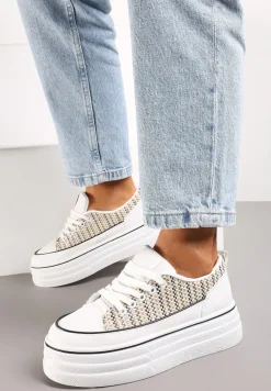 Beżowe Krótkie Trampki na Wysokiej Platformie z Tweedową Wstawką Grogamia