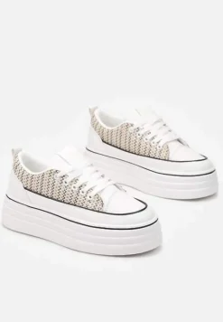 Beżowe Krótkie Trampki na Wysokiej Platformie z Tweedową Wstawką Grogamia