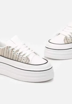 Beżowe Krótkie Trampki na Wysokiej Platformie z Tweedową Wstawką Grogamia