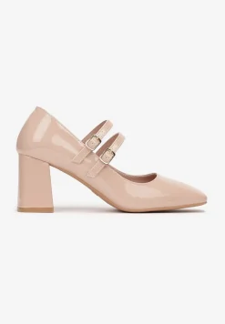 Beżowe Lakierowane Czółenka na Słupku z Paskami Vissitte