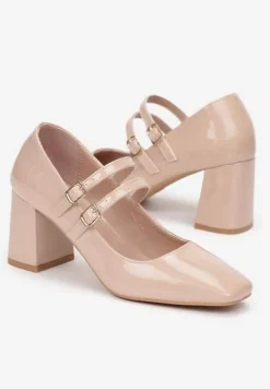 Beżowe Lakierowane Czółenka na Słupku z Paskami Vissitte