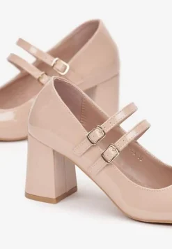 Beżowe Lakierowane Czółenka na Słupku z Paskami Vissitte