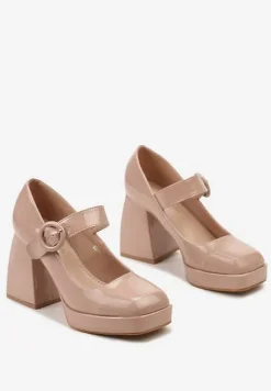 Beżowe Lakierowane Czółenka na Obcasie i Platformie z Ozdobną Sprzączką Adlikra