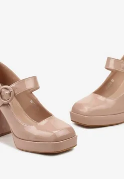 Beżowe Lakierowane Czółenka na Obcasie i Platformie z Ozdobną Sprzączką Adlikra