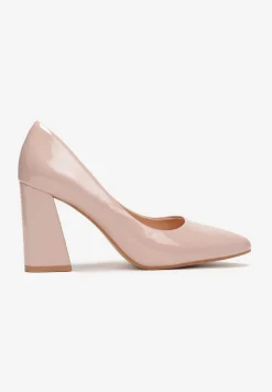 Beżowe Lakierowane Czółenka na Stożkowym Obcasie ze Szpiczastym Noskiem Miriamans
