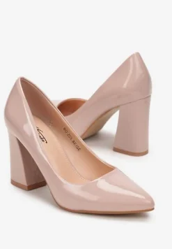 Beżowe Lakierowane Czółenka na Stożkowym Obcasie ze Szpiczastym Noskiem Miriamans