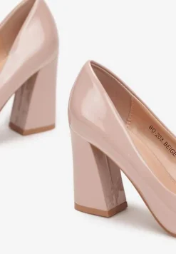 Beżowe Lakierowane Czółenka na Stożkowym Obcasie ze Szpiczastym Noskiem Miriamans
