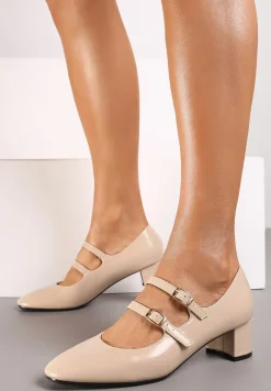 Beżowe Lakierowane Czółenka na Słupku z Eleganckimi Paseczkami i Zapięciem na Sprzączki Daithina