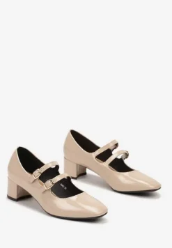 Beżowe Lakierowane Czółenka na Słupku z Eleganckimi Paseczkami i Zapięciem na Sprzączki Daithina
