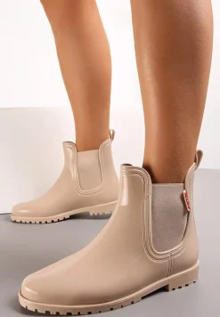 Beżowe Lakierowane Kalosze Typu Sztyblety z Elastycznymi Wstawkami Po Bokach Loran