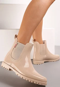 Beżowe Lakierowane Kalosze Typu Sztyblety z Elastycznymi Wstawkami Po Bokach Loran