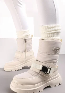 Beżowe Lakierowane Śniegowce za Kostkę z Ozdobną Klamerką Fesiva