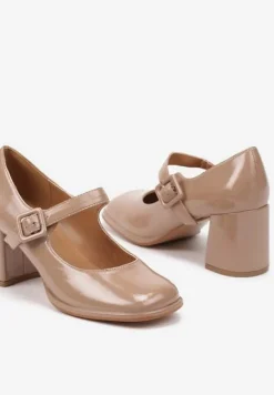 Beżowe Lakierowane Półbuty na Słupkowym Obcasie z Paskiem z Klamerką Lemida