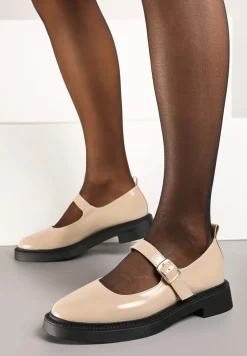 Beżowe Lakierowane Półbuty na Płaskiej Podeszwie Mary Jane Ozdobione Sprzączką Nealirwen