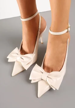 Beżowe Lakierowane Sandały na Szpilce Vices z Dużą Kokardką Bez Pięty Velozia