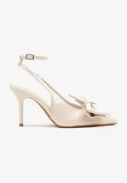Beżowe Lakierowane Sandały na Szpilce Vices z Dużą Kokardką Bez Pięty Velozia