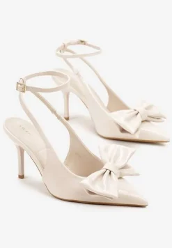 Beżowe Lakierowane Sandały na Szpilce Vices z Dużą Kokardką Bez Pięty Velozia