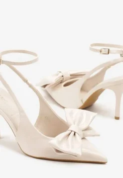 Beżowe Lakierowane Sandały na Szpilce Vices z Dużą Kokardką Bez Pięty Velozia