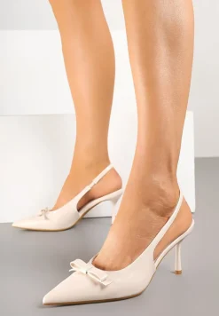 Beżowe Lakierowane Sandały Szpilki Vices Typu Slingback z Kokardą Dorozia