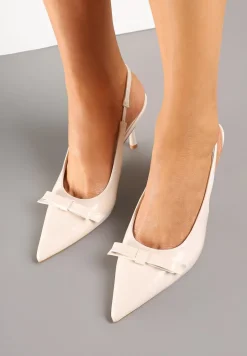 Beżowe Lakierowane Sandały Szpilki Vices Typu Slingback z Kokardą Dorozia