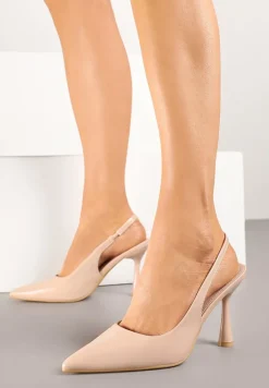 Beżowe Lakierowane Sandały Szpilki Typu Slingback Ulios