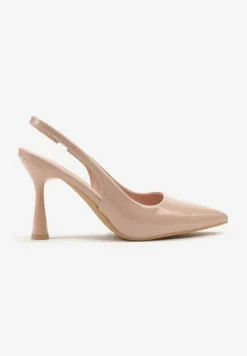 Beżowe Lakierowane Sandały Szpilki Typu Slingback Ulios